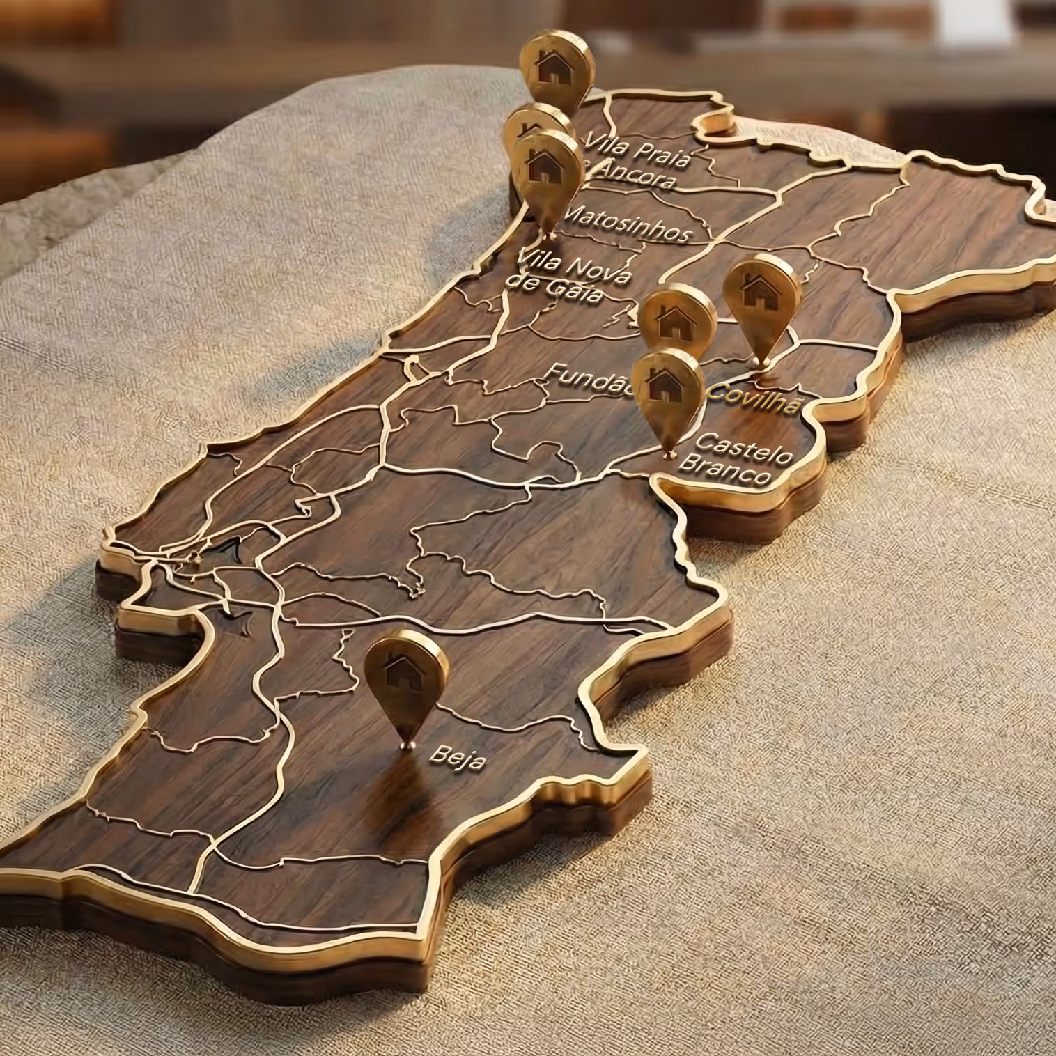 Estilisação do território português num objeto de madeira com rebordos de metal dourado. No mapa situam-se pinos sobre a localização dos atuais imoveis para alojamento corporativo da PH Apartments
