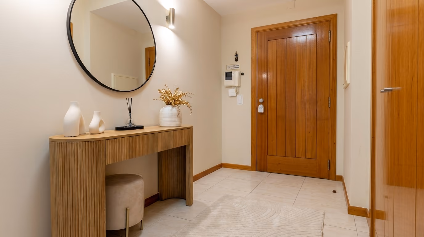 Hall de entrada do apartamento em Vila Praia de Âncora, com consola em madeira, espelho redondo e decoração contemporânea.