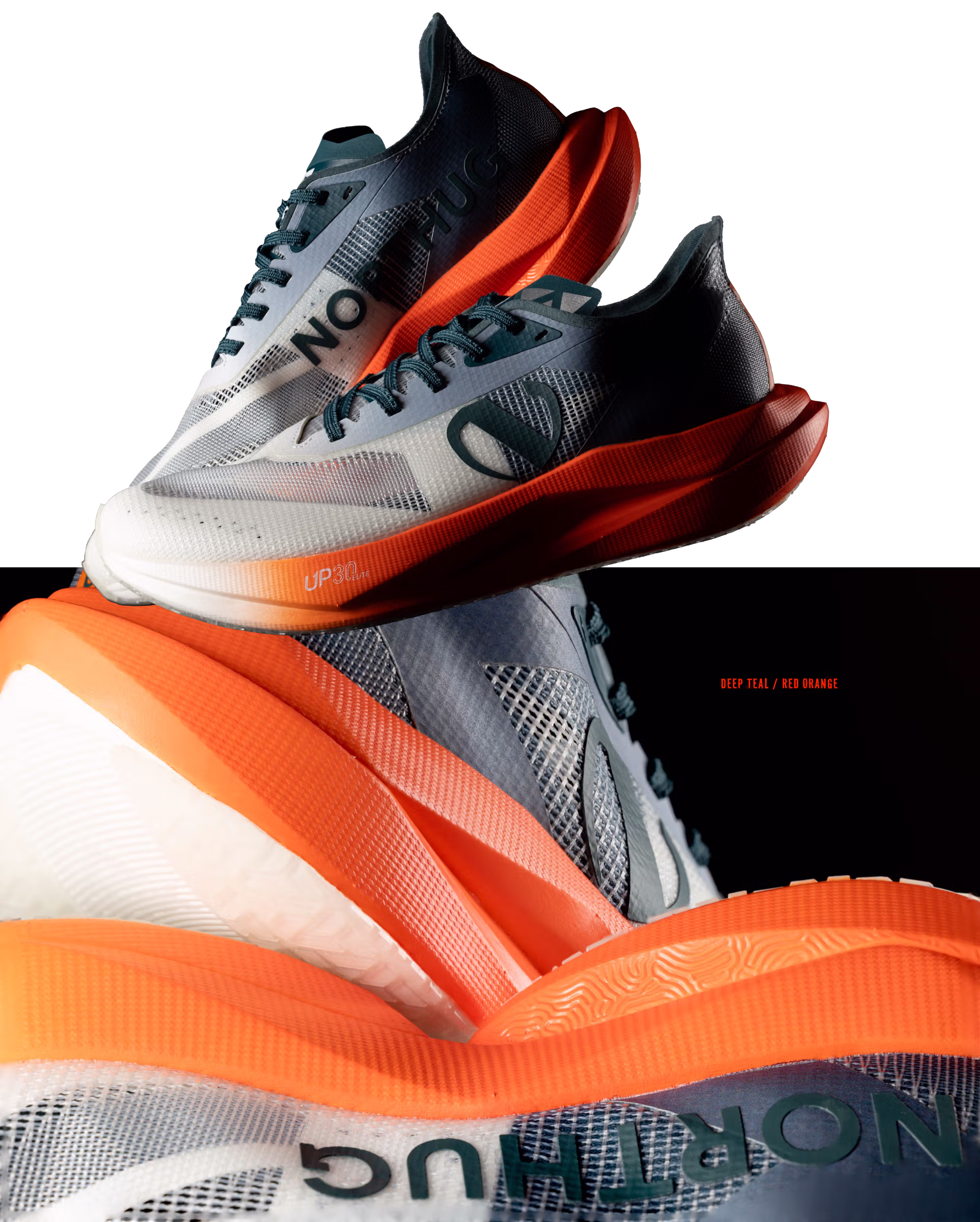 Fotomontasje som viser den blå/hvite/orange utgaven av Northug UP 30 Elite-karbonløpeskoene fra ulike vinkler.