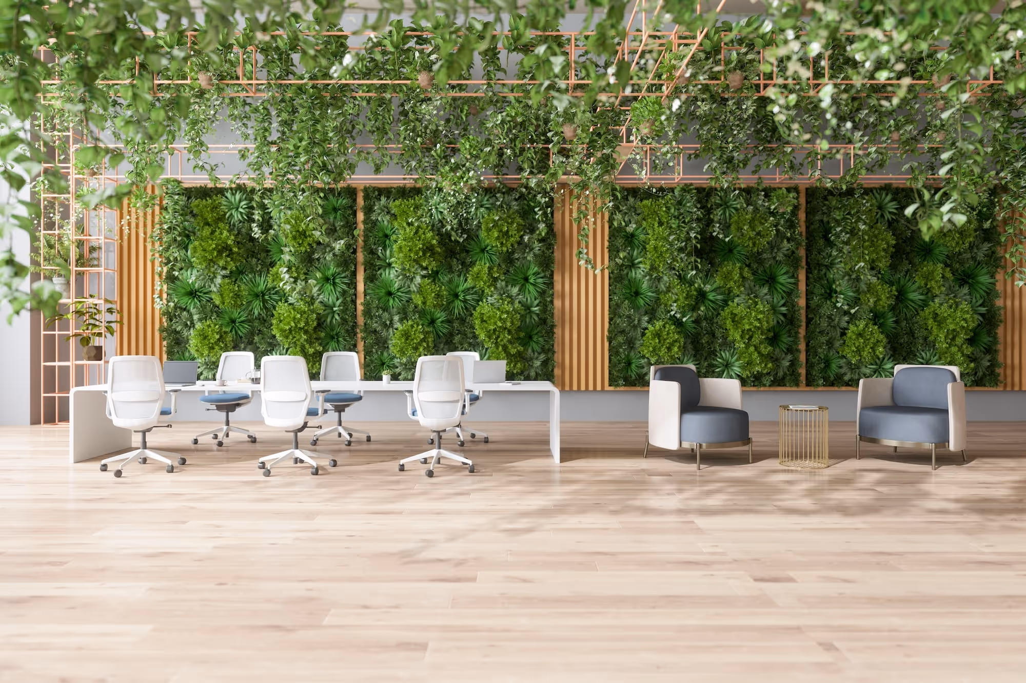 an office room with lots of plants
