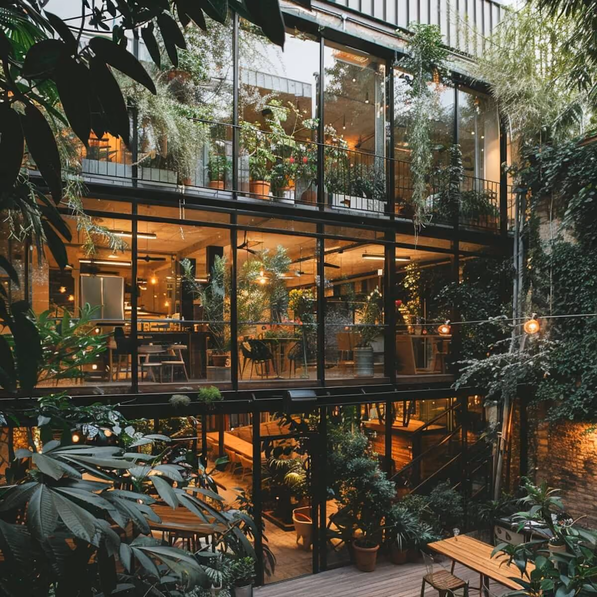 plants covering a glass building
