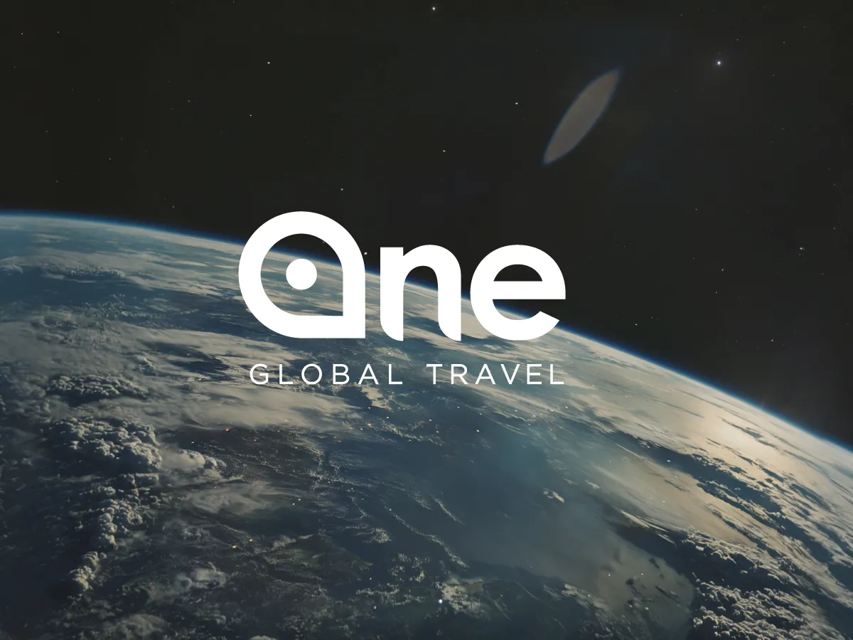 One global logo in front of Earth from space