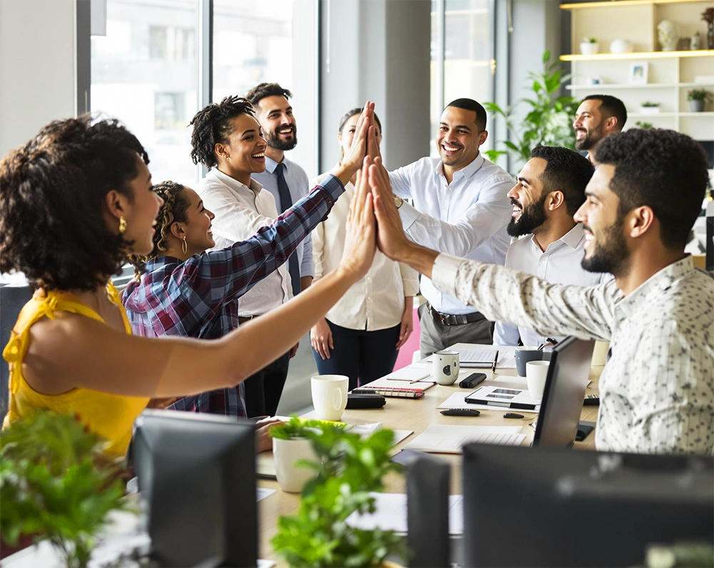 team of people celebrating and high-fiving