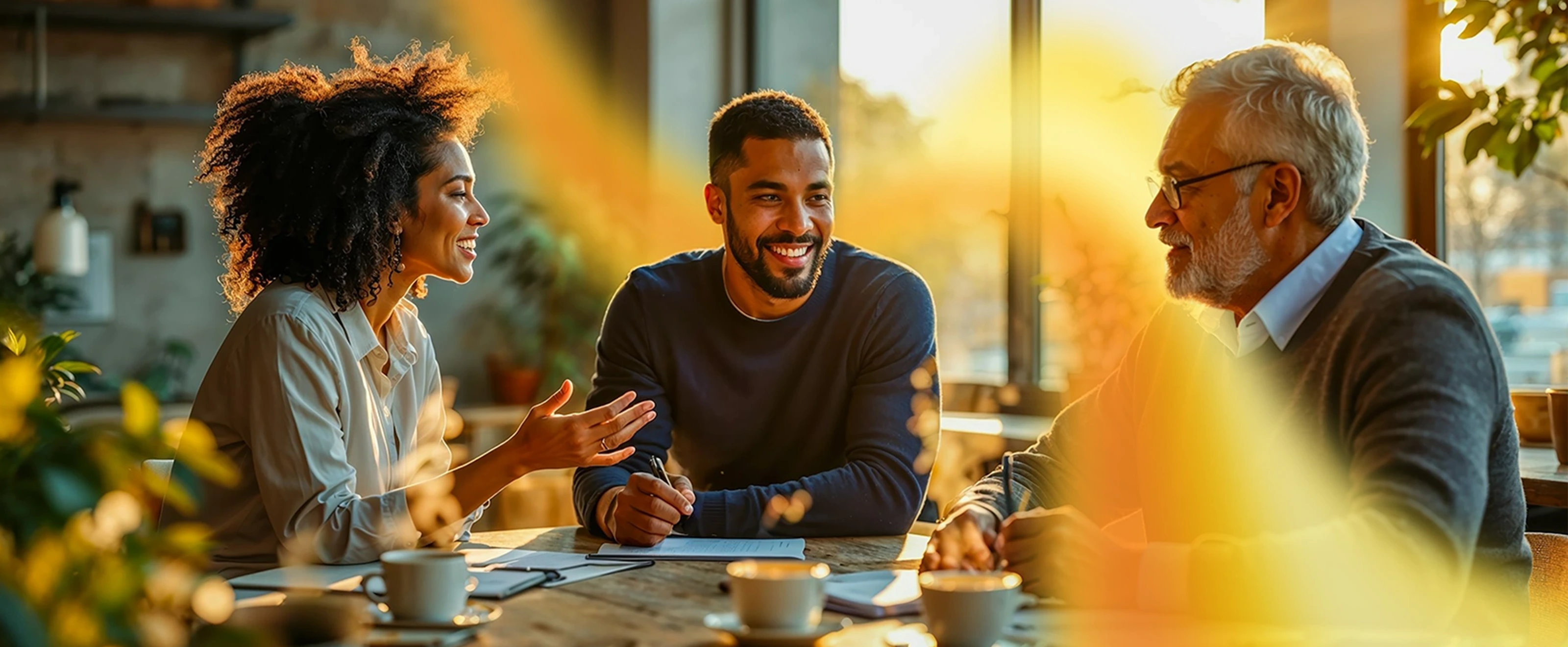 3 people sat in a cafe chatting