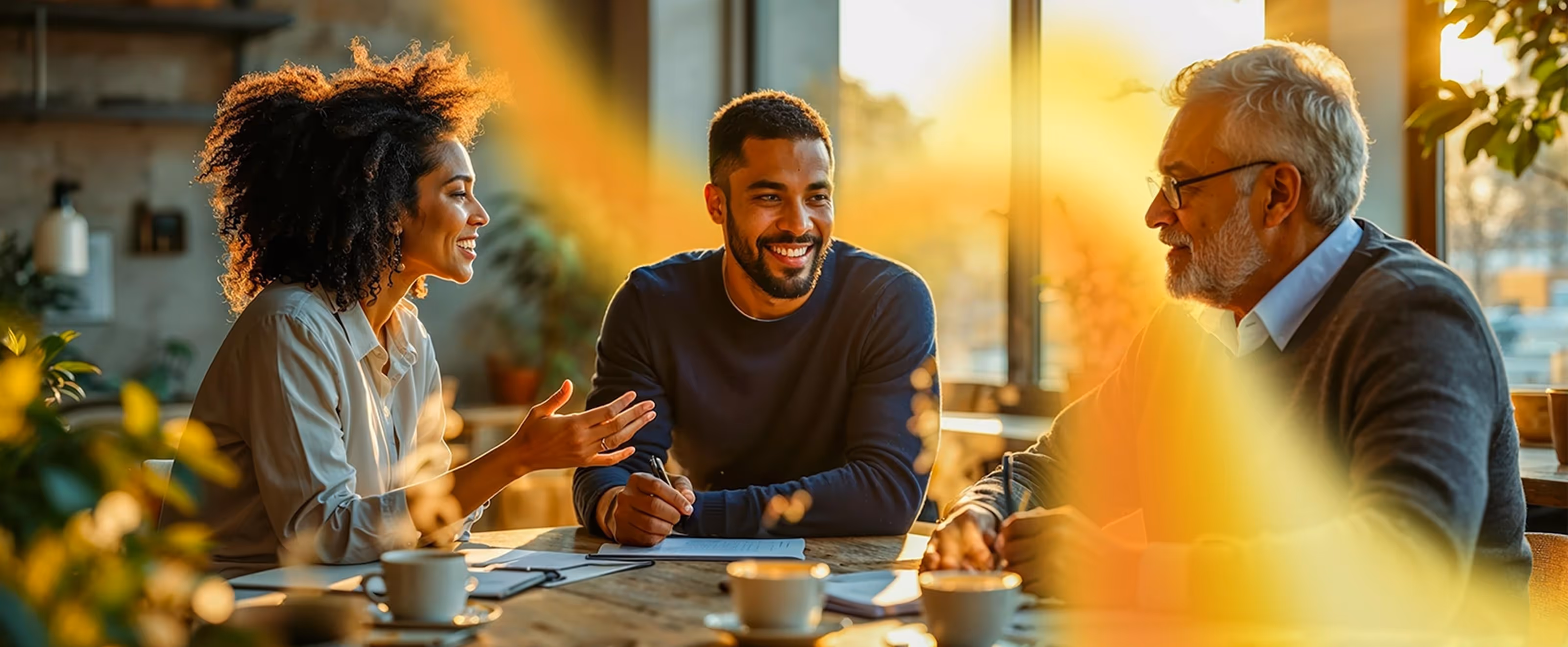 3 people sat in a cafe chatting