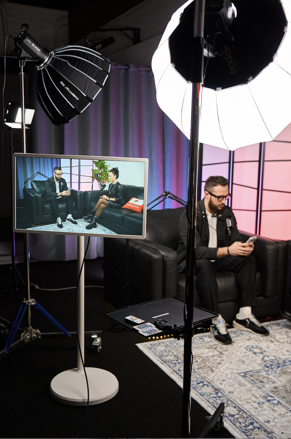 Sofa podcast set for relaxed interviews at BeKnown Studio Scottsdale