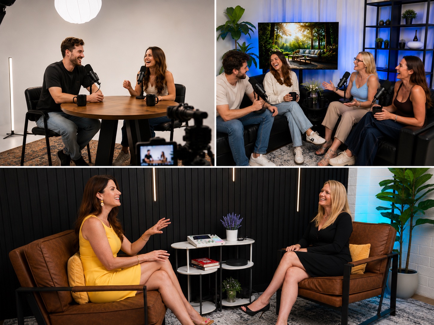 A group of friends laughing together during a podcast session at BeKnown Studio in Scottsdale