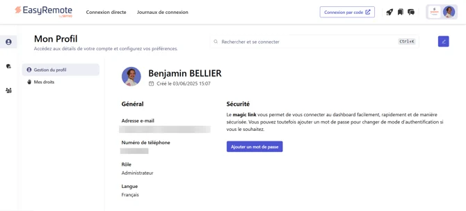 Profil utilisateur vue Easyremote