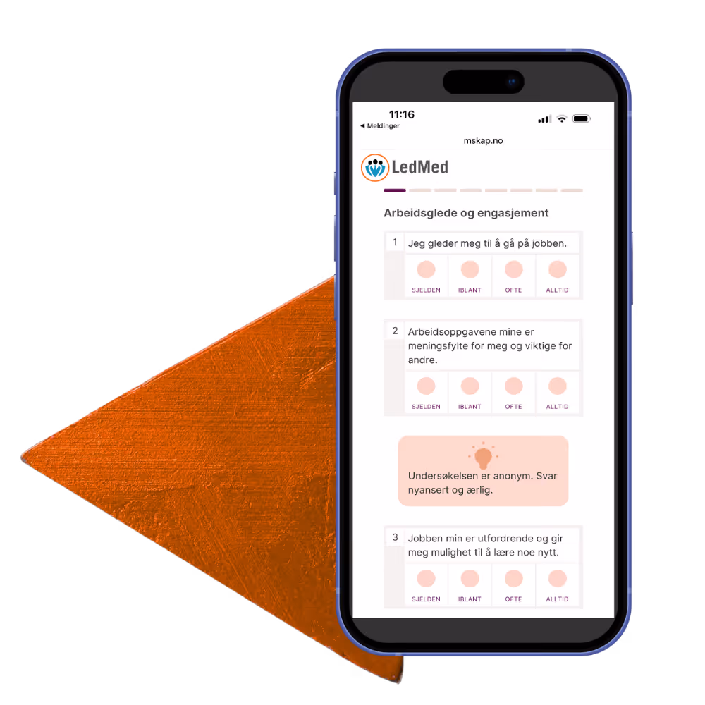 Mobilskjerm som viser en spørreundersøkelse fra LedMed om arbeidsglede og engasjement med spørsmål om glede ved jobb, meningsfulle arbeidsoppgaver og utfordringer i jobben.