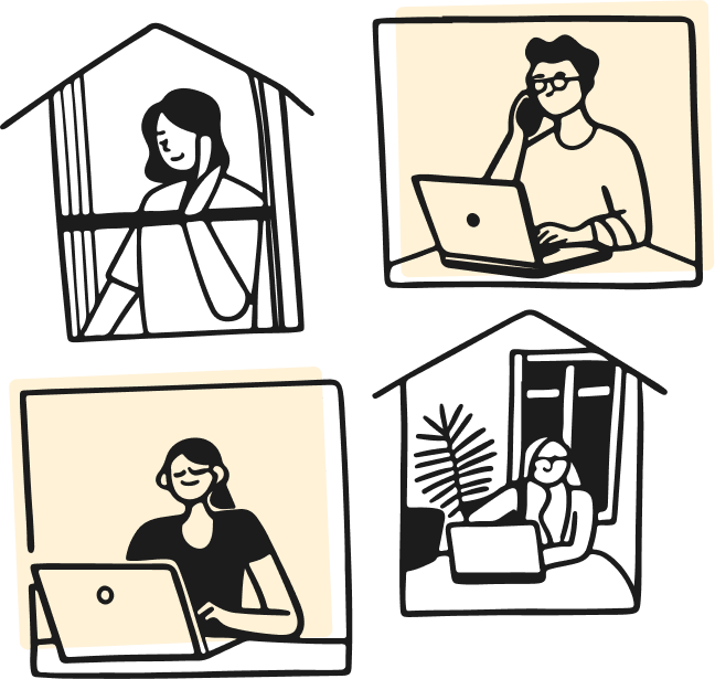 Illustrations of four people working or communicating remotely using laptops and phones, some inside house outlines.