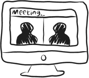 Black sketch of a computer monitor showing a video call with two people and the word 'Meeting' at the top.