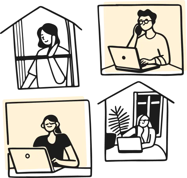 Illustrations of a man talking on the phone and using a laptop, and a woman working on a laptop.