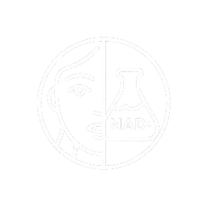 Icon depicting a human face alongside a laboratory flask labeled 'NAD' inside a circle.
