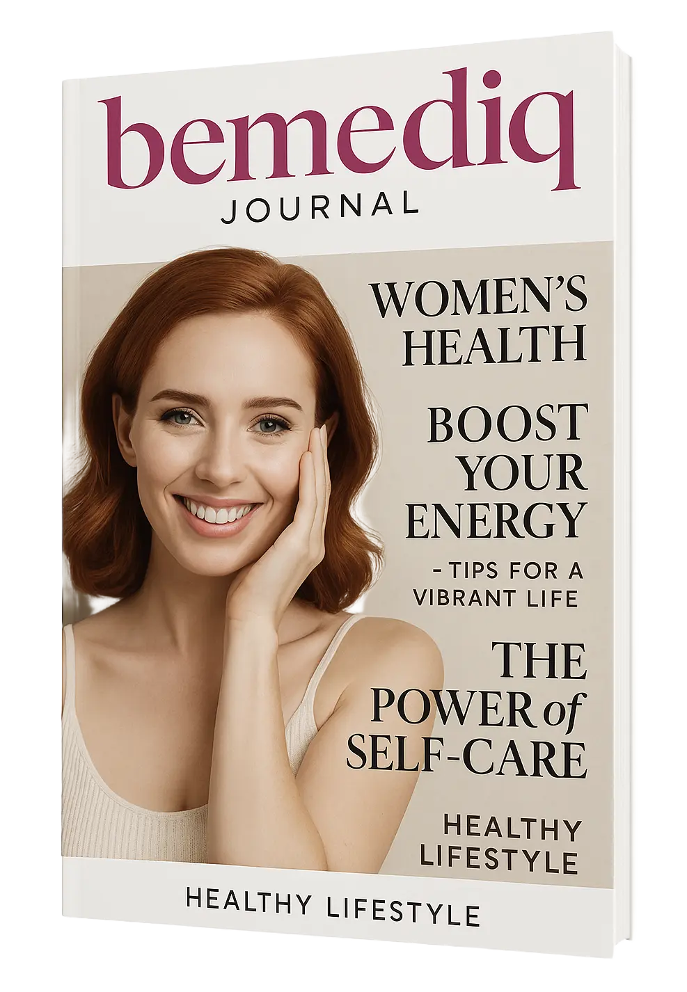 Cover of Bemedic Journal featuring a smiling woman with red hair and text about women’s health, energy boost, self-care, and healthy lifestyle.