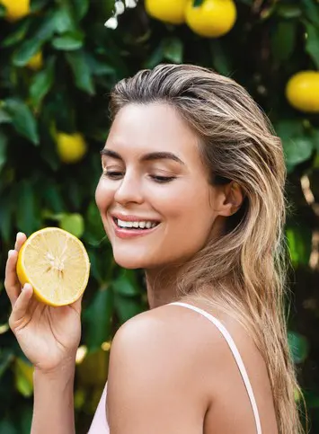 Smiling woman holding a half lemon in front of a lemon tree with ripe lemons.