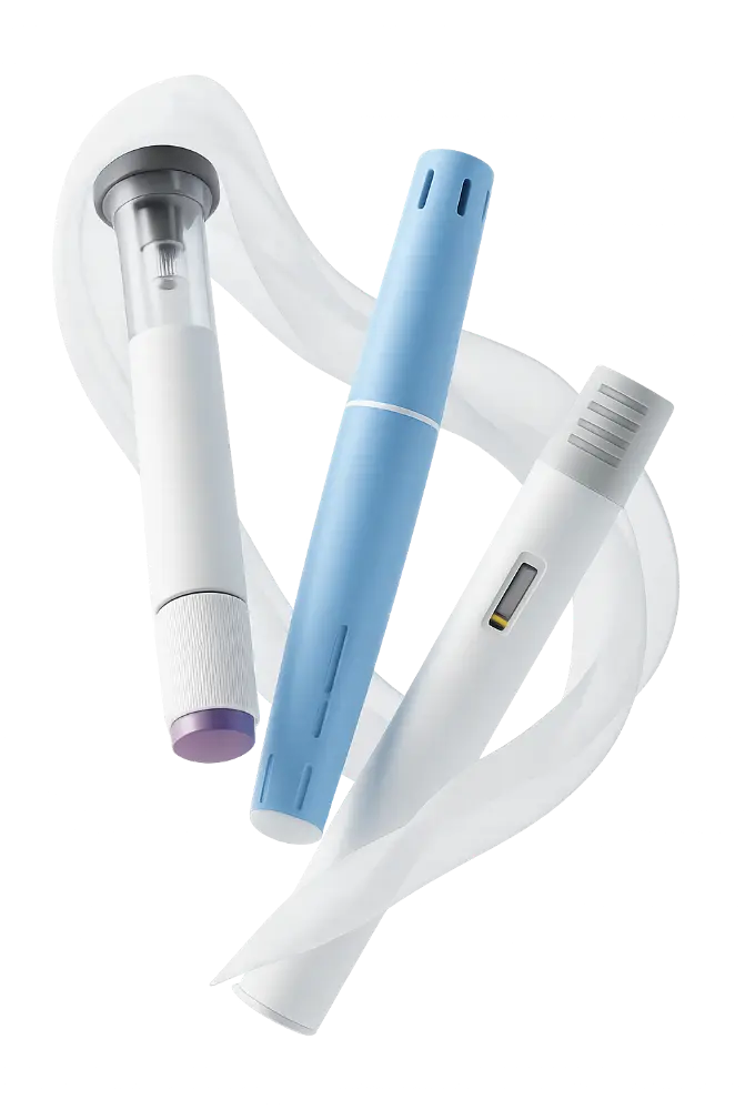 Three medical lancets with protective caps in white and blue colors, arranged with a soft white ribbon-like element winding around them.