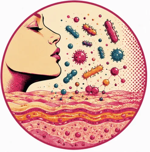 Pop art illustration of the skin microbiome and skin layers