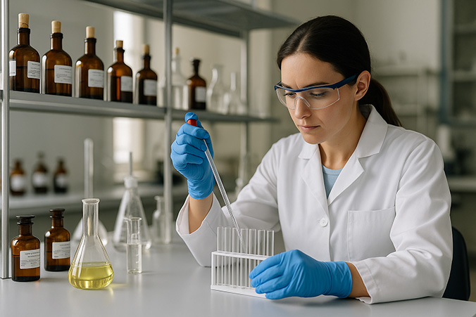 Pharmasist in a lab coat in compounding pharmacy