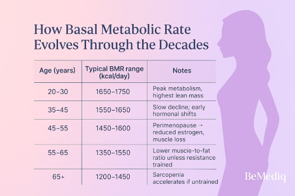 Horizontal infographic with a rose-to-lilac gradient background. The title reads ‘How Basal Metabolic Rate Evolves Through the Decades’. On the right, a soft silhouette of a woman illustrates aging across life stages. A three-column table lists age ranges (20–30, 35–45, 45–55, 55–65, 65+) with corresponding basal metabolic rate ranges and notes on metabolism, hormone shifts, and muscle changes. BeMediq logo appears in the lower right corner