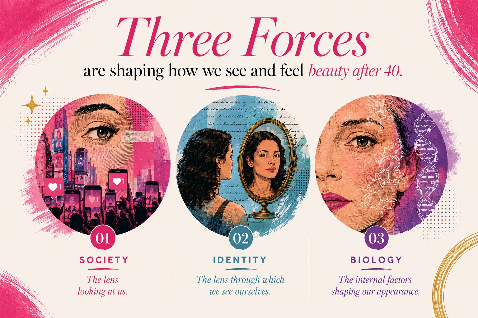 BeMediq Beauty illustration of three forces shaping beauty after 40: society, identity, and biology.