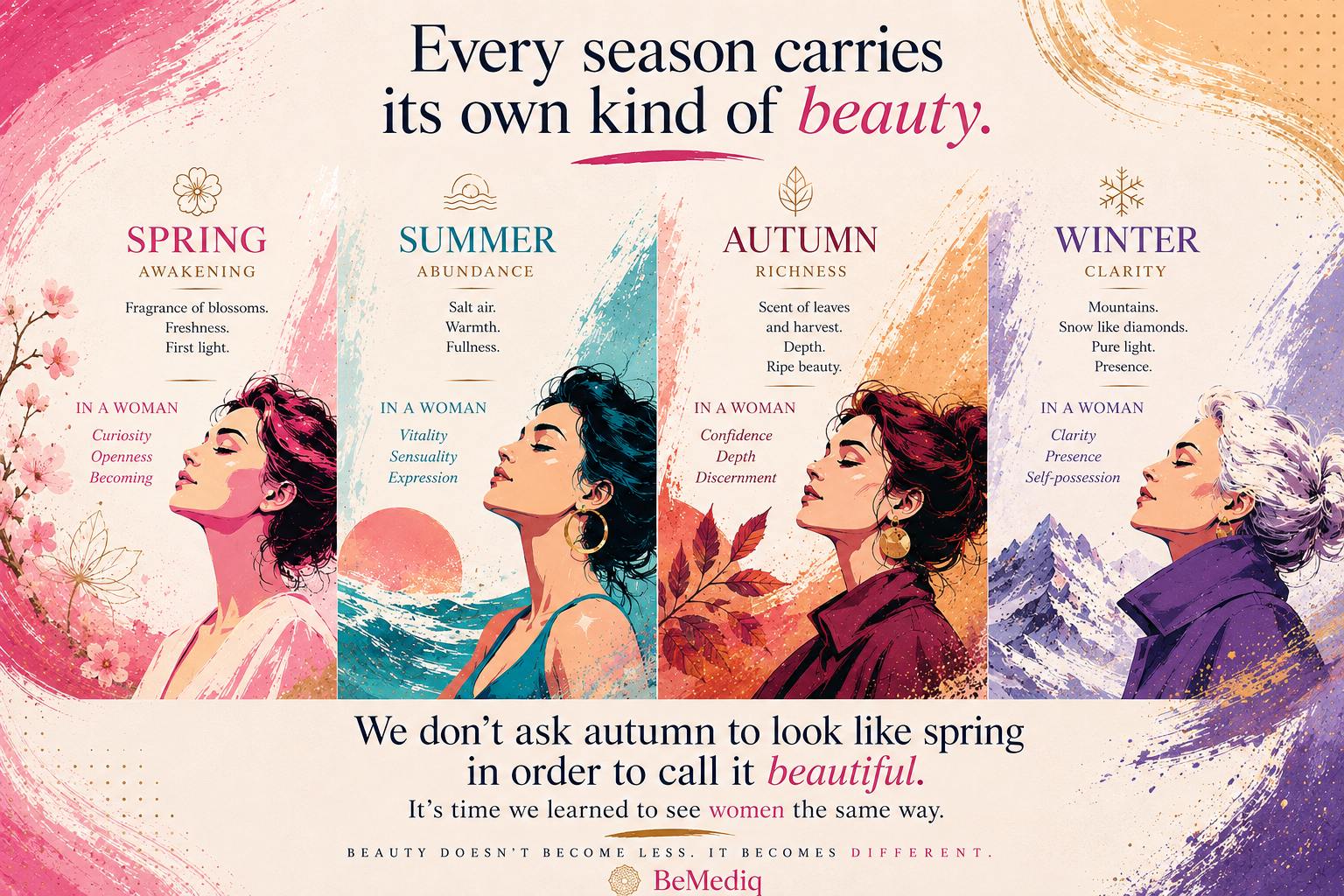 BeMediq Beauty illustration comparing a woman’s evolving beauty to the four seasons: spring, summer, autumn, and winter.