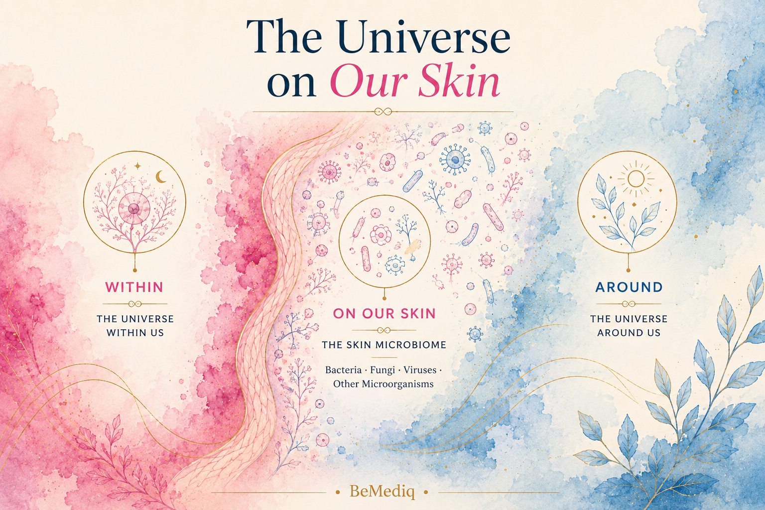 BeMediq Skin Compass illustration showing the three worlds that shape skin: the biology within us, the skin microbiome, and the environment around us.