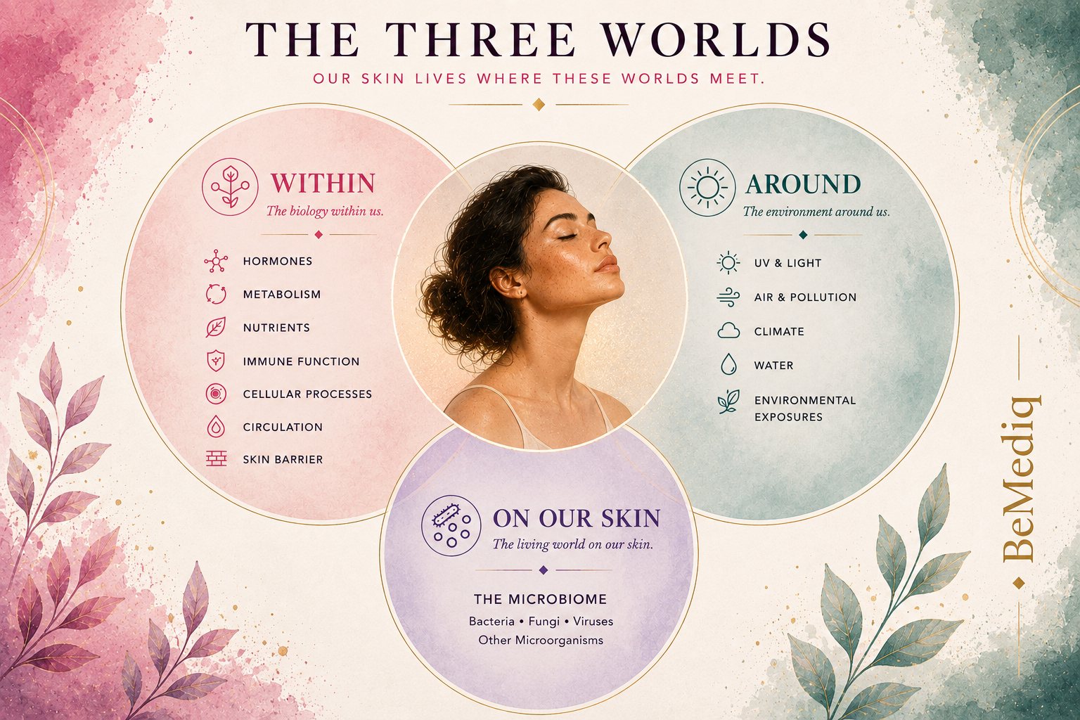 BeMediq Skin Compass illustration showing the three worlds that shape our skin: internal biology, the environment around us, and the skin microbiome.