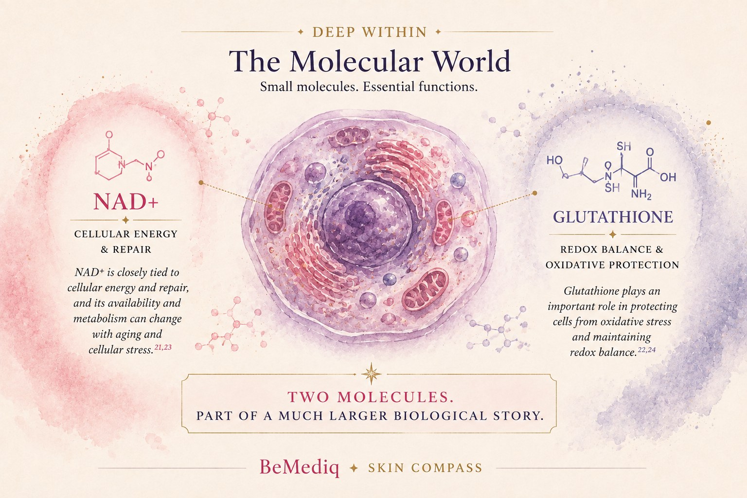 BeMediq Skin Compass illustration of NAD⁺ and glutathione as examples of the molecular processes involved in cellular energy, repair, redox balance, and oxidative protection in skin.