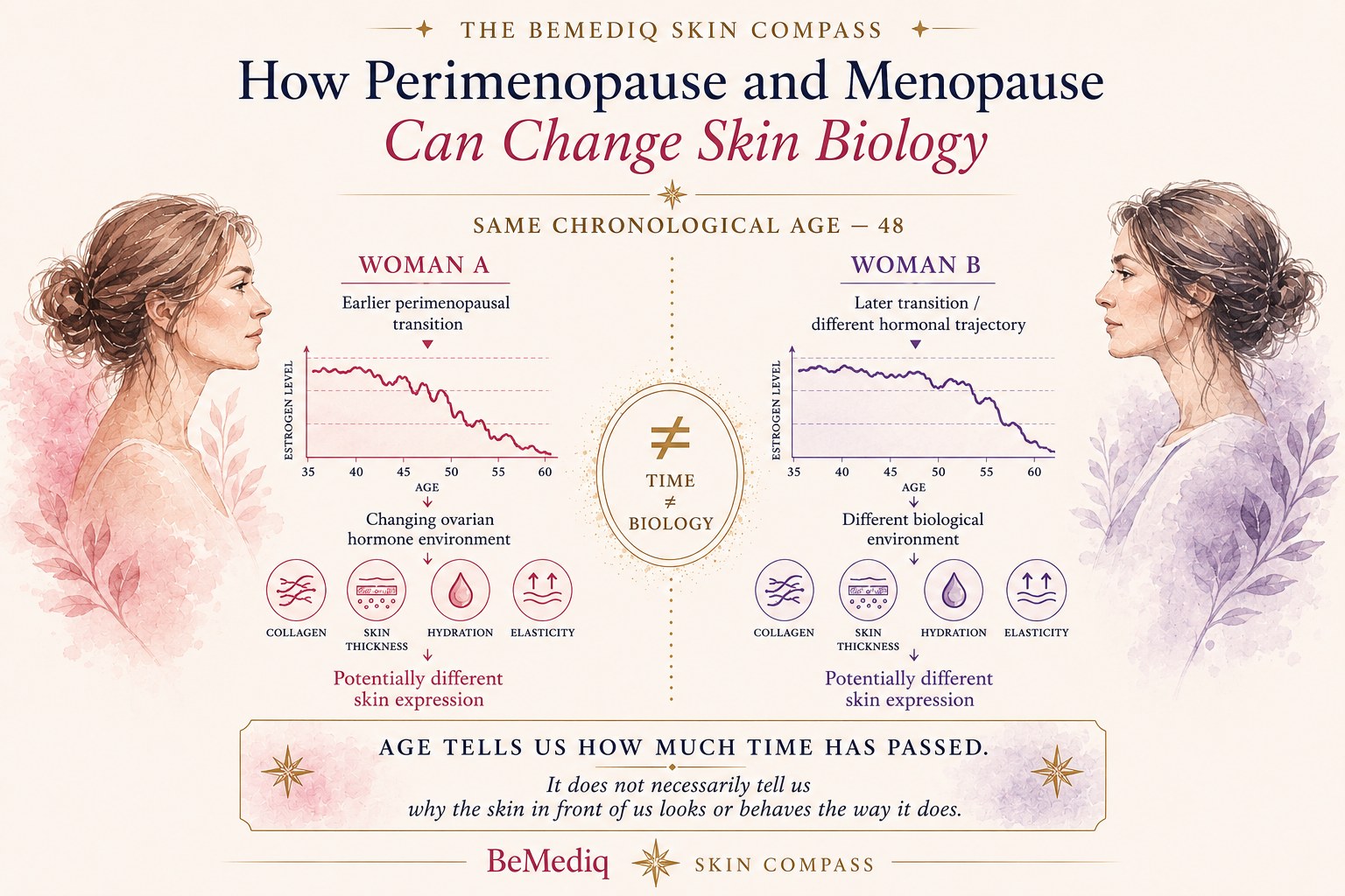 BeMediq Skin Compass illustration showing how two women of the same chronological age may experience different hormonal trajectories during perimenopause and menopause, potentially influencing collagen, skin thickness, hydration, and elasticity.