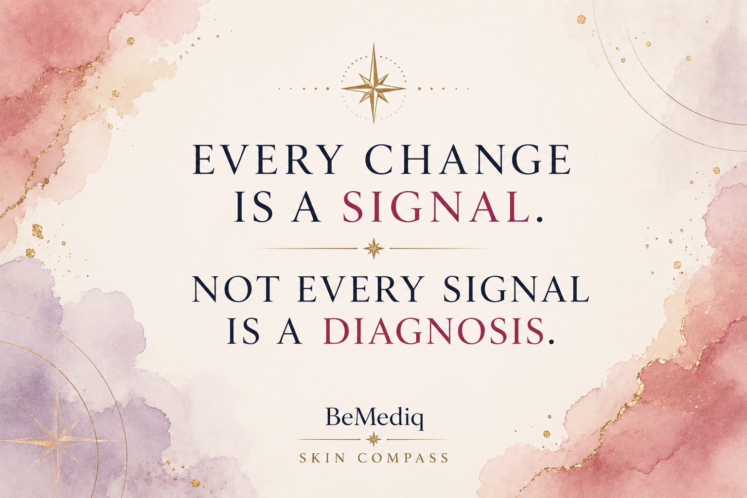BeMediq Skin Compass quote visual emphasizing that visible skin changes are signals to observe in context, but are not in themselves a diagnosis.