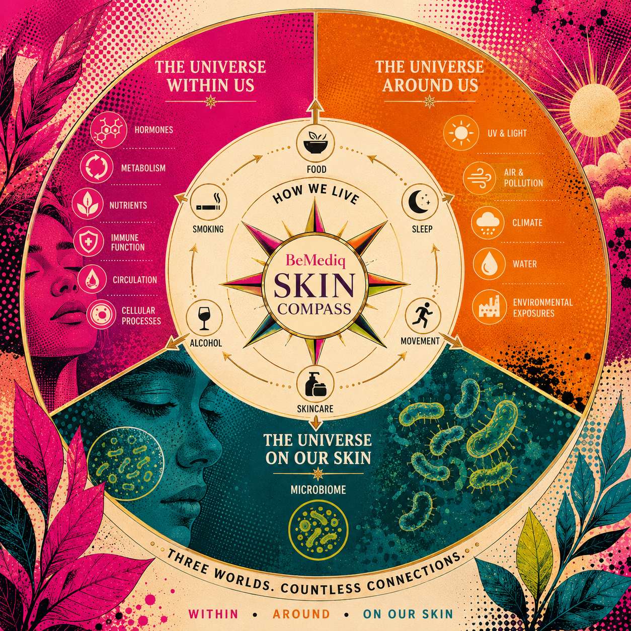 BeMediq Skin Compass pop-art model showing three interconnected worlds that shape the skin: the universe within us, the universe around us, and the microbiome on our skin, with how we live positioned at the center as a way we interact with all three.