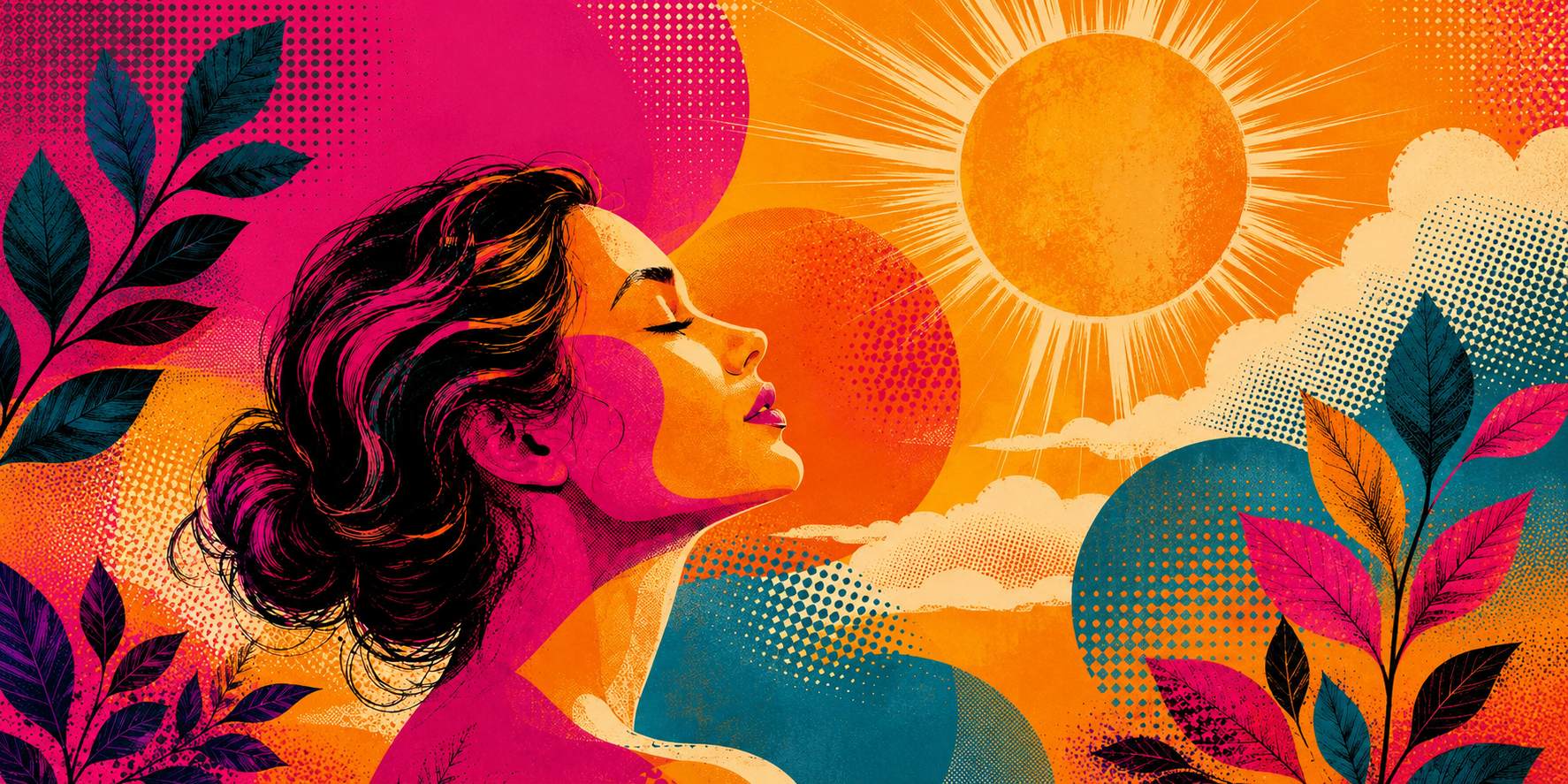 BeMediq illustration for The Universe Around Us, showing a woman facing the sun amid plants, clouds and environmental elements that influence skin health.