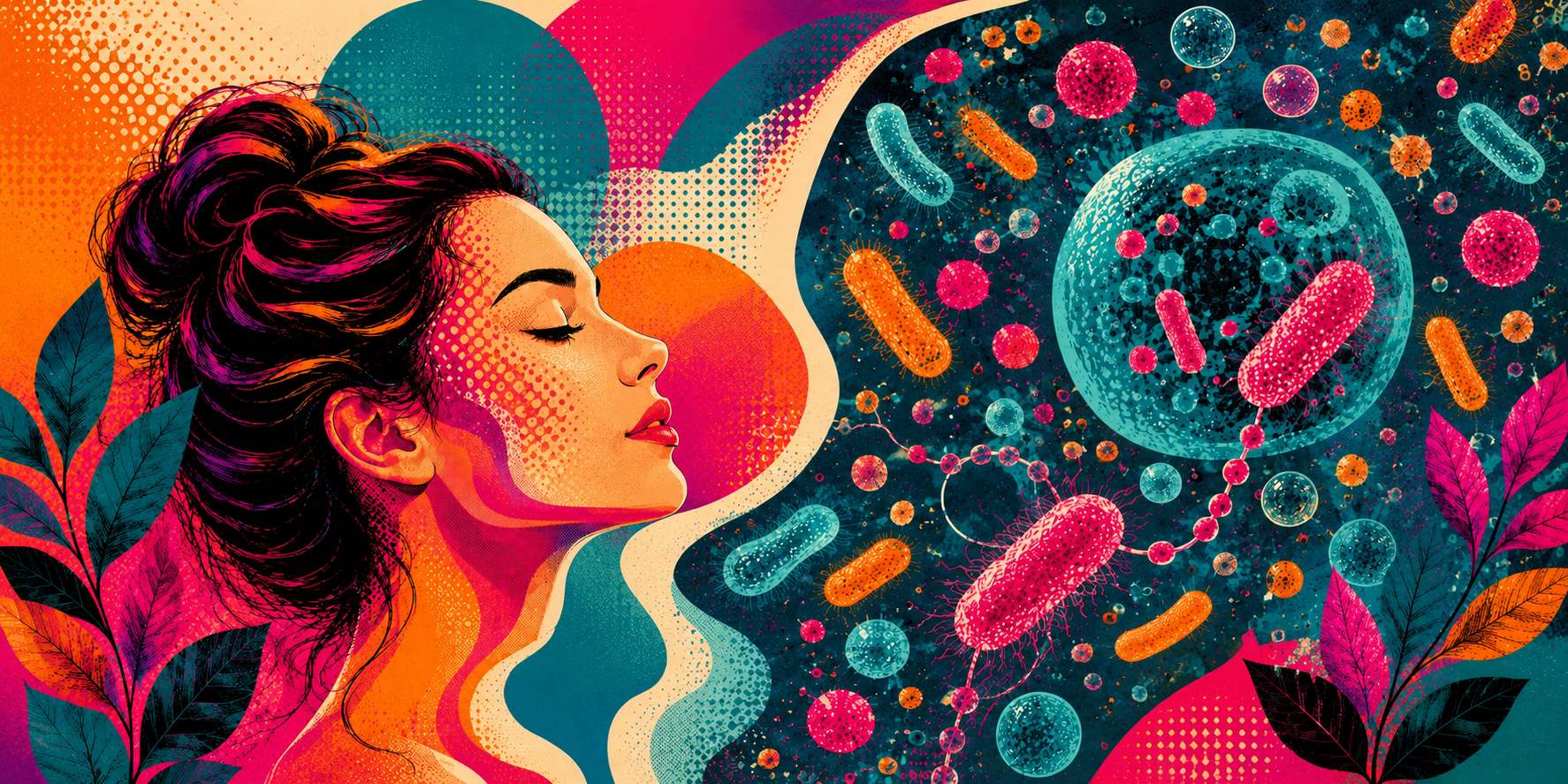 BeMediq illustration of a woman surrounded by microorganisms, representing the skin microbiome and the living ecosystem on our skin.
