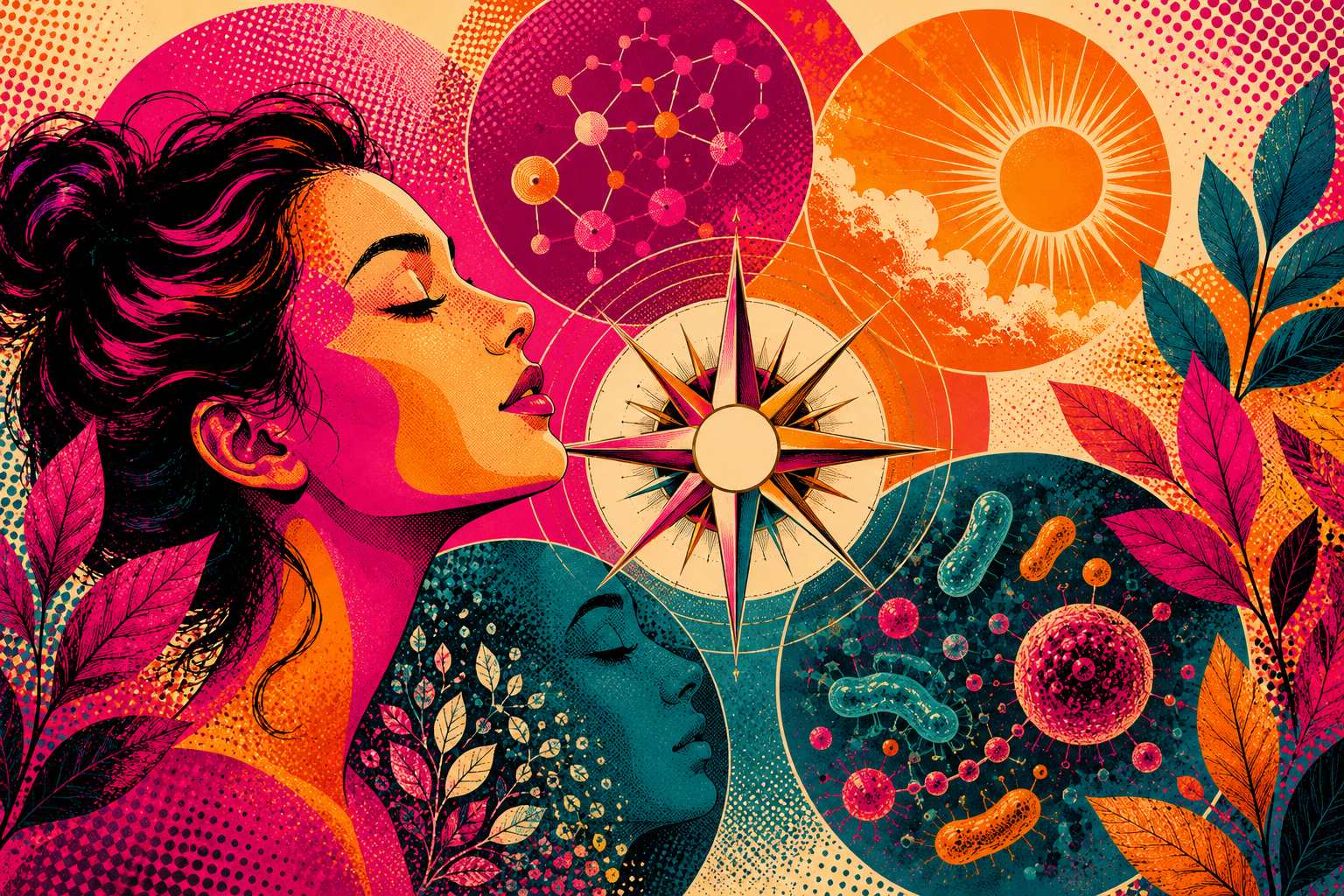 BeMediq Skin Compass illustration showing the interconnected worlds of skin biology, environmental influences and the skin microbiome.