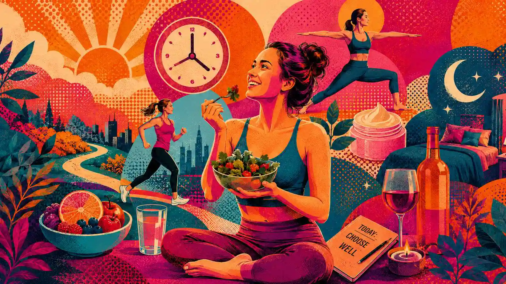 BeMediq illustration of how everyday life — from nutrition and movement to sleep and skincare — can influence how our skin looks and ages.