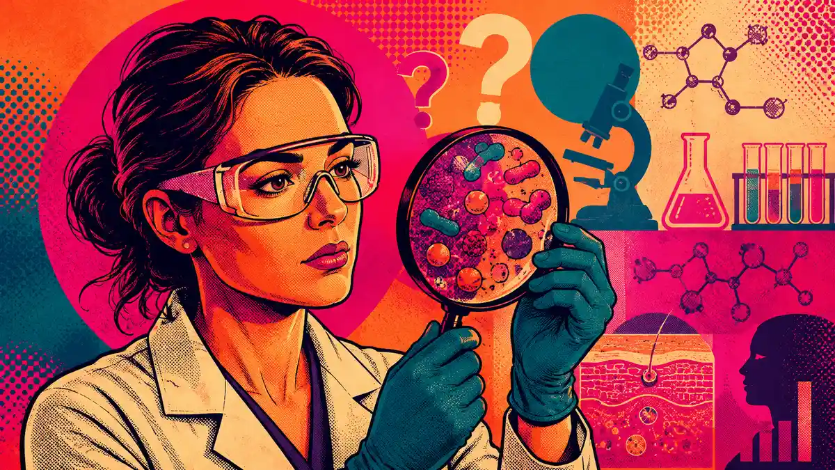 BeMediq pop art illustration of a female scientist examining the skin microbiome, surrounded by microbes, laboratory equipment and scientific symbols.