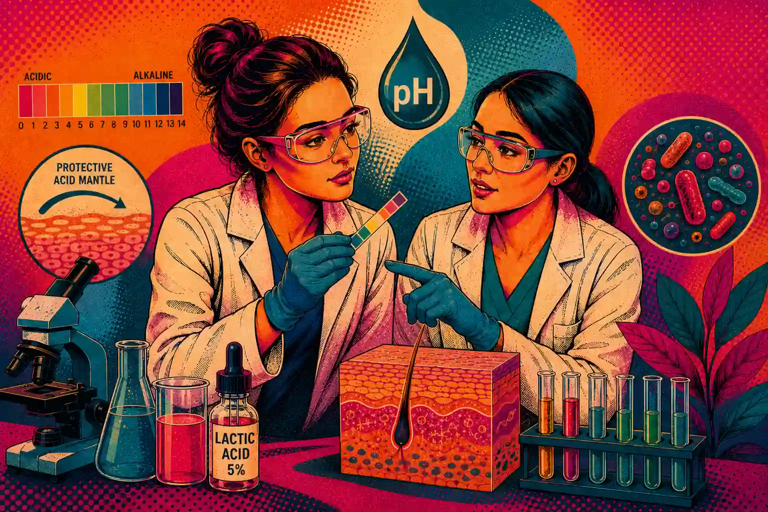 BeMediq illustration of researchers exploring skin pH, the acid mantle and skin microbiome and their role in skin barrier health.