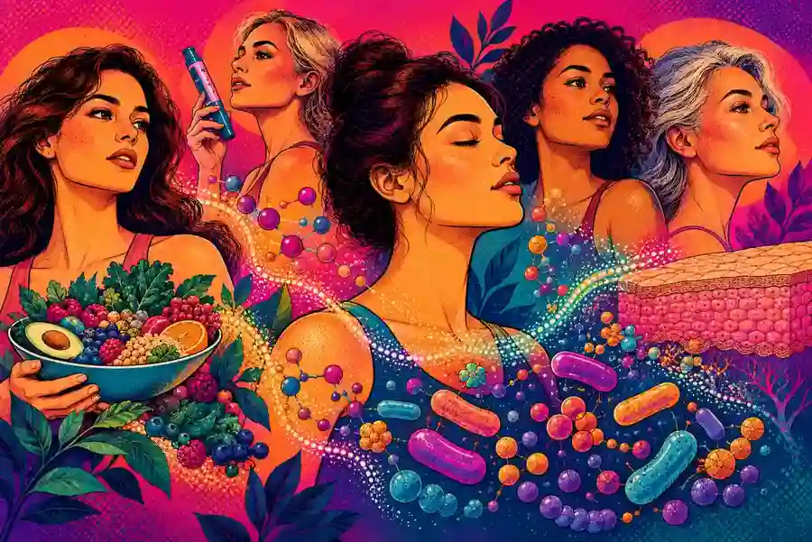 BeMediq illustration of women exploring GLP-1, nutrition, the gut microbiome and the gut–skin axis.