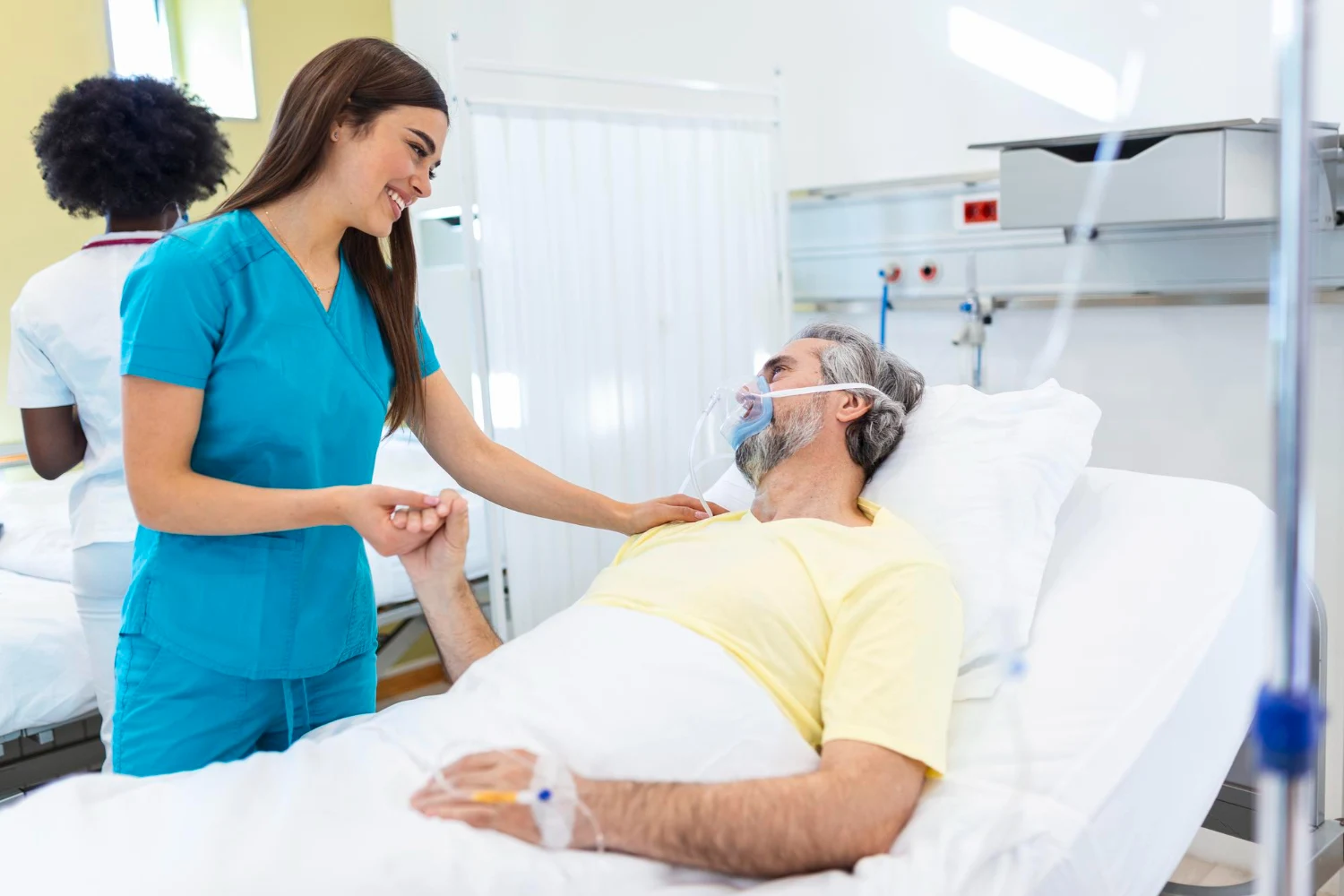Nurse providing comfort during breathing struggles