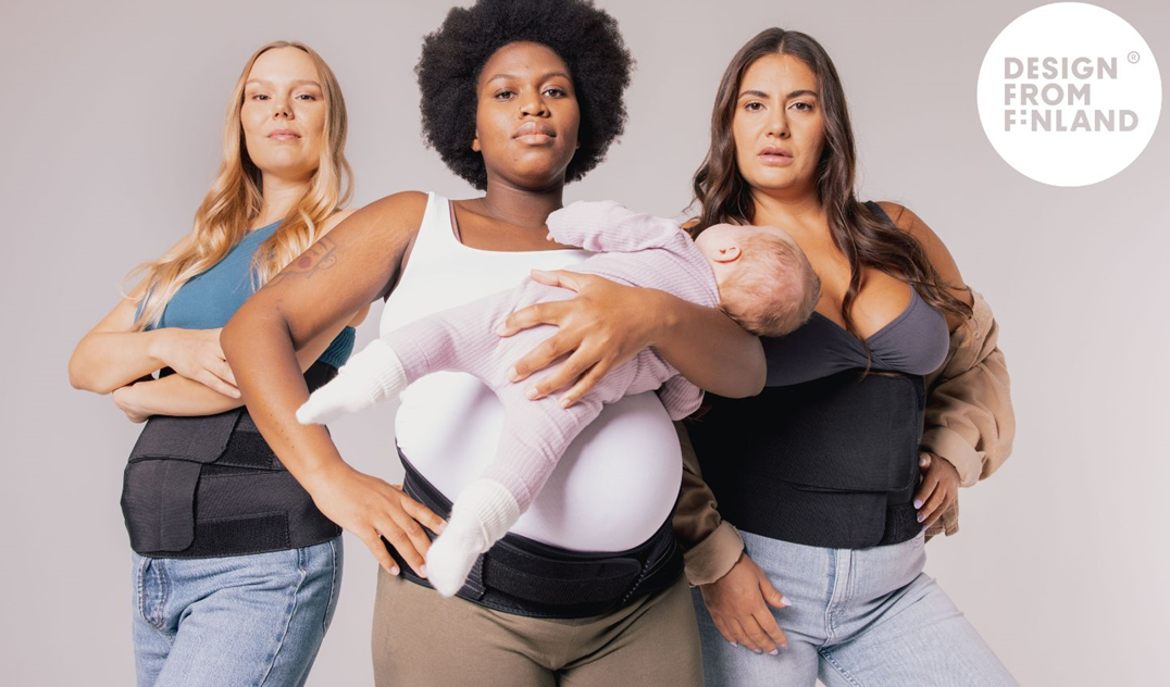 Three pregnant women wearing Lola ja Lykke tummy support apparel
