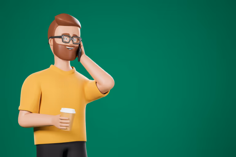 man with orange shirt stood in front of a green background