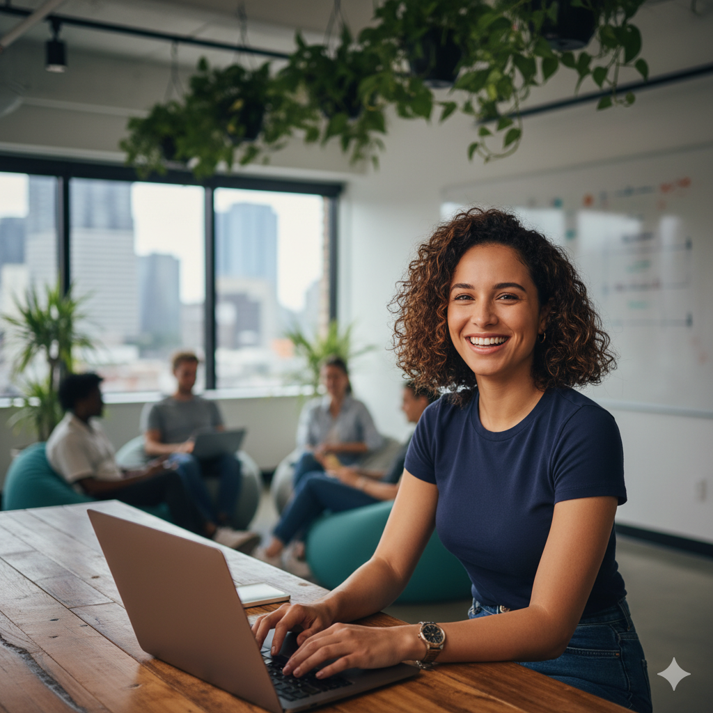 employee smiling sat at a desk