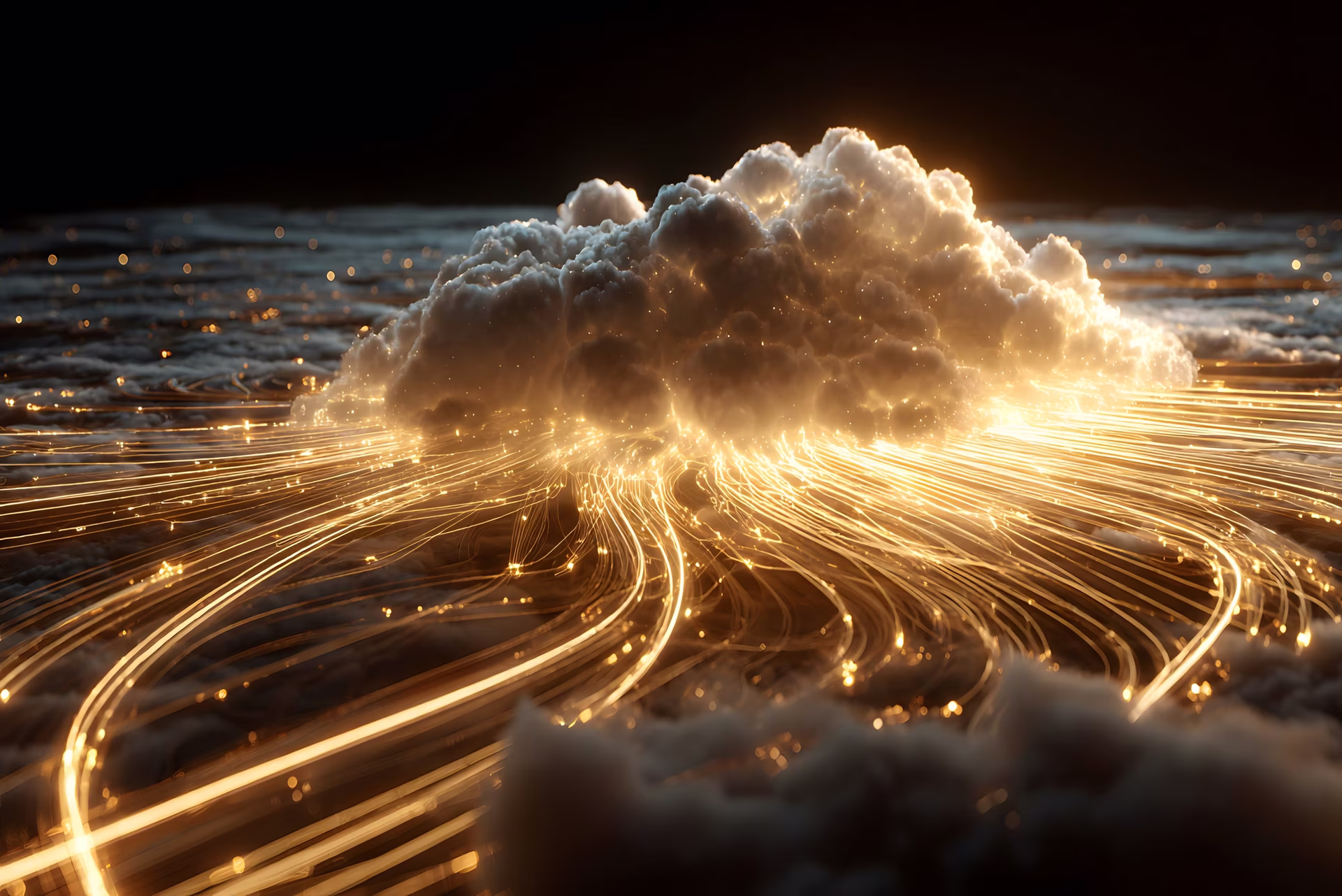 Cloud burst with lights streaming in to it.