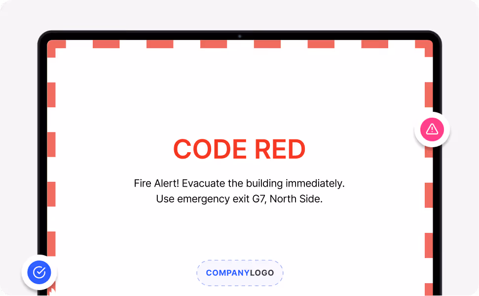 A hospital desktop showing a Code Red fire alert with red dashed border, instructing staff to evacuate via emergency exit G7, North Side