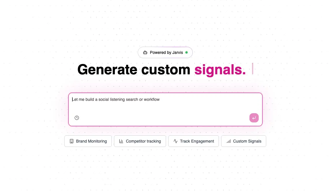 Trigify interface showing 'Generate custom signals' headline with AI-powered chat input field labeled 'Let me build a social listening search or workflow', powered by Jarvis