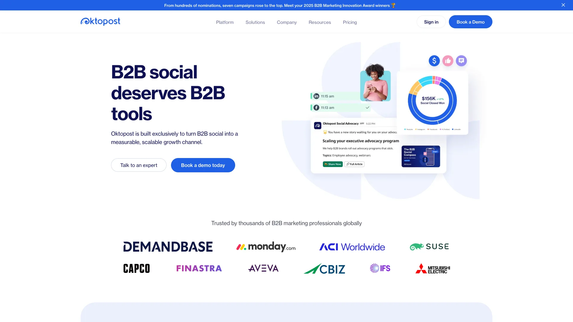 Oktopost homepage - B2B social media management platform