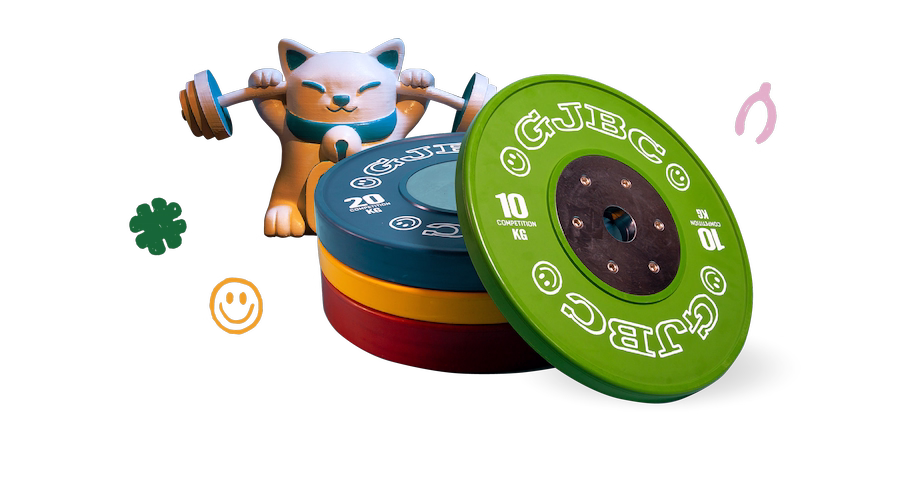 good juju cat mascot and colorful plates