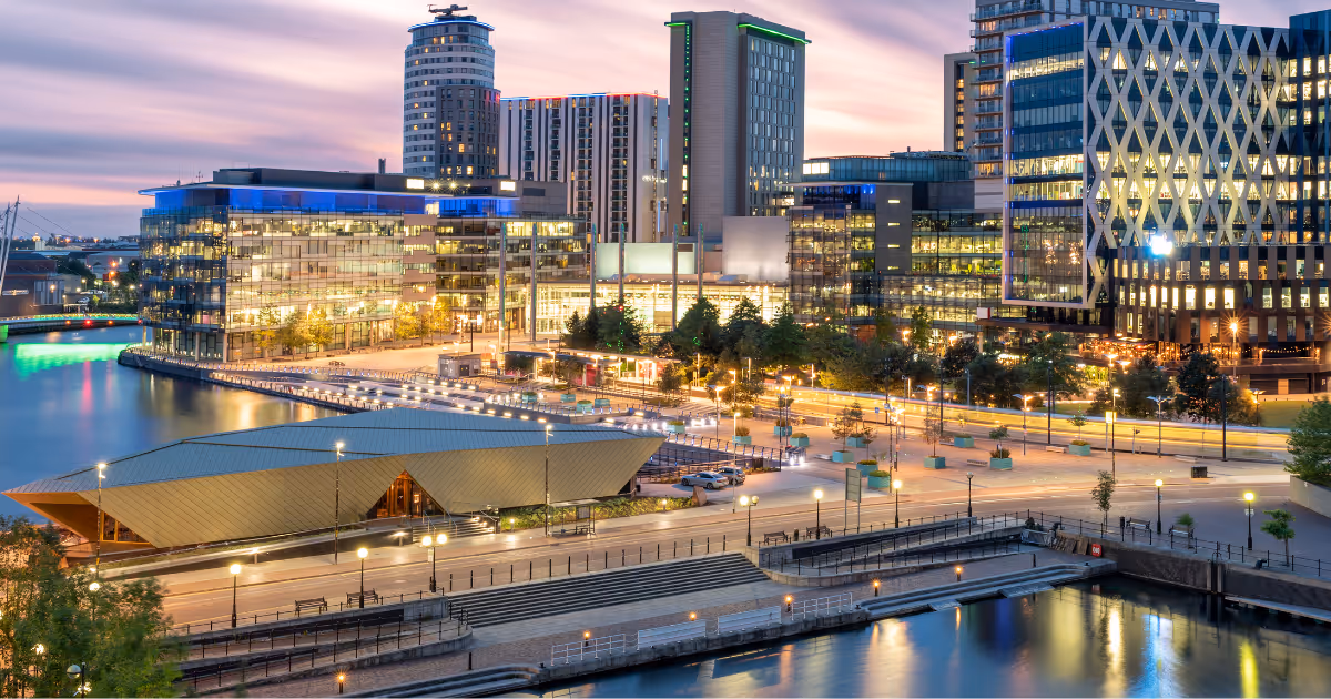 Aerial shot of Salford Quays Manchester at night.