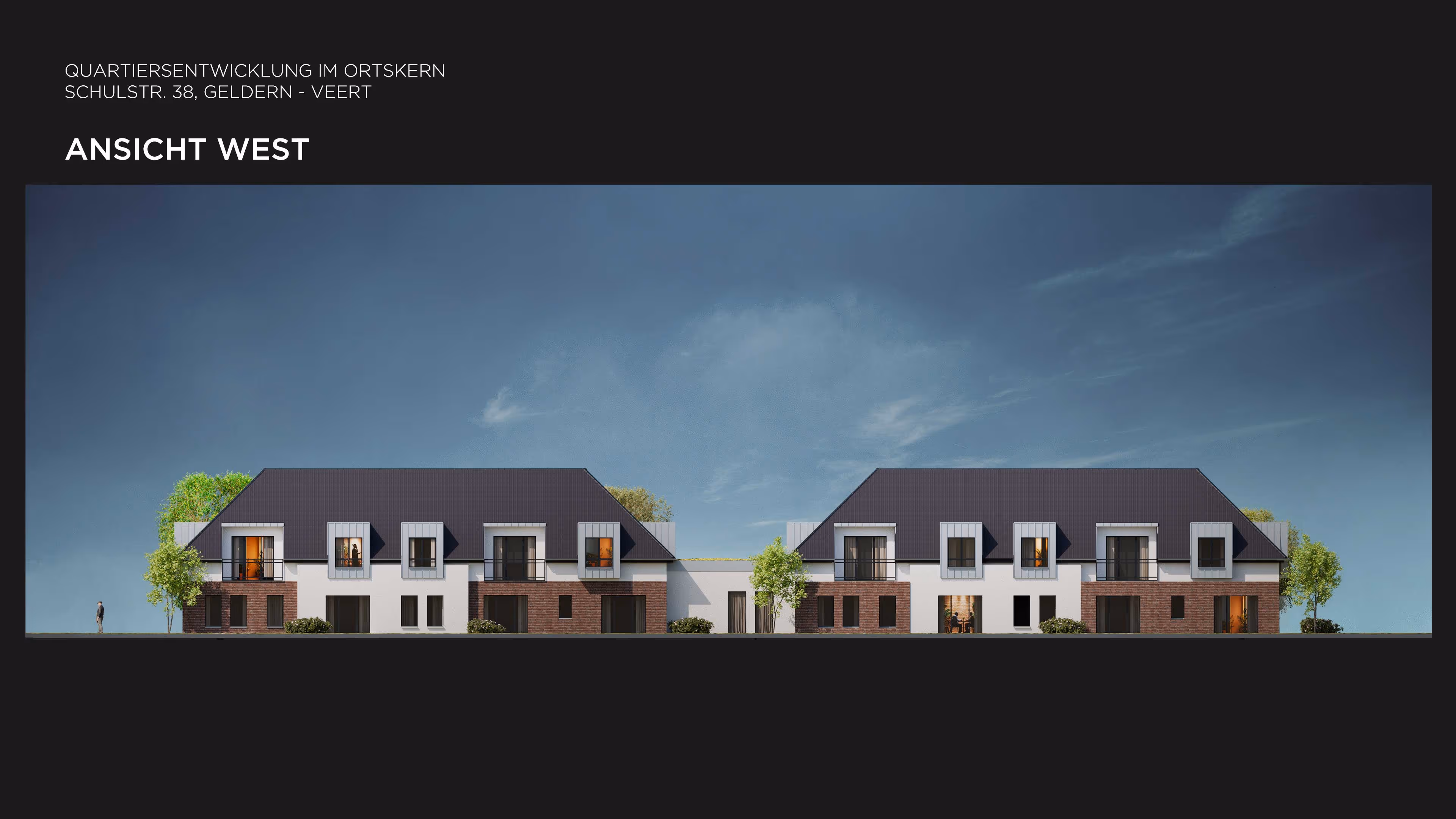 Modern two-story residential buildings with white and brick exterior, dark roofs, and balconies under blue sky.