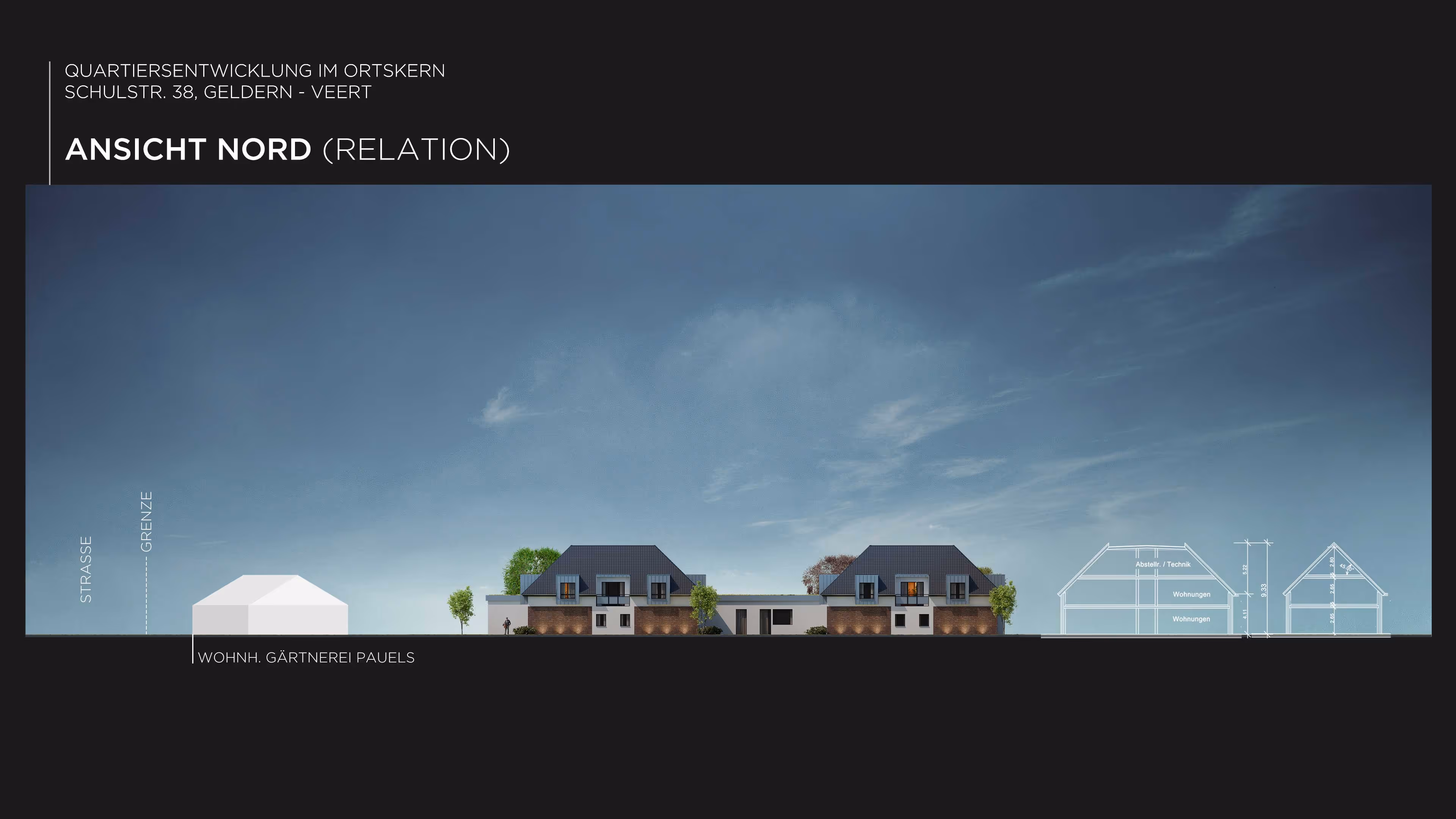 Modern housing development with blue sky and white architectural drawings, featuring two brick and white buildings.